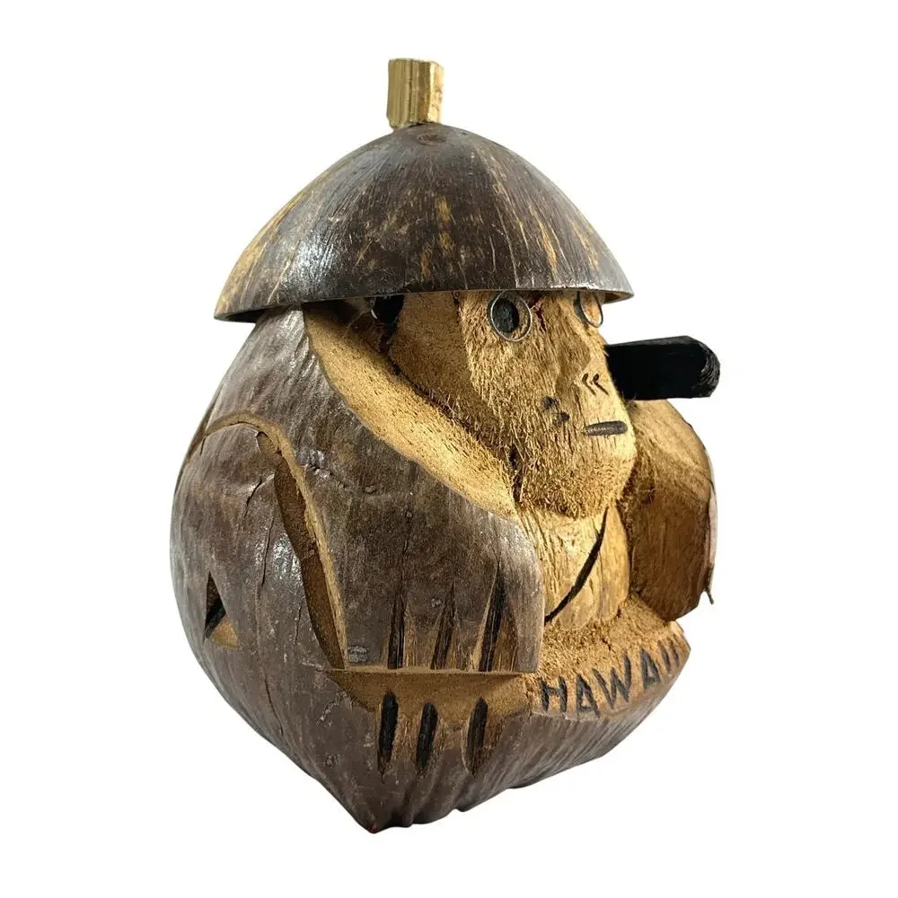 Vintage Hawaii Coconut Shell Man Figurine Coin Bank Folk Art Philippines 8”